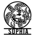 Sea turtle metal sign featuring an ocean reef scene with fish, coral, seaweed, and a circular frame