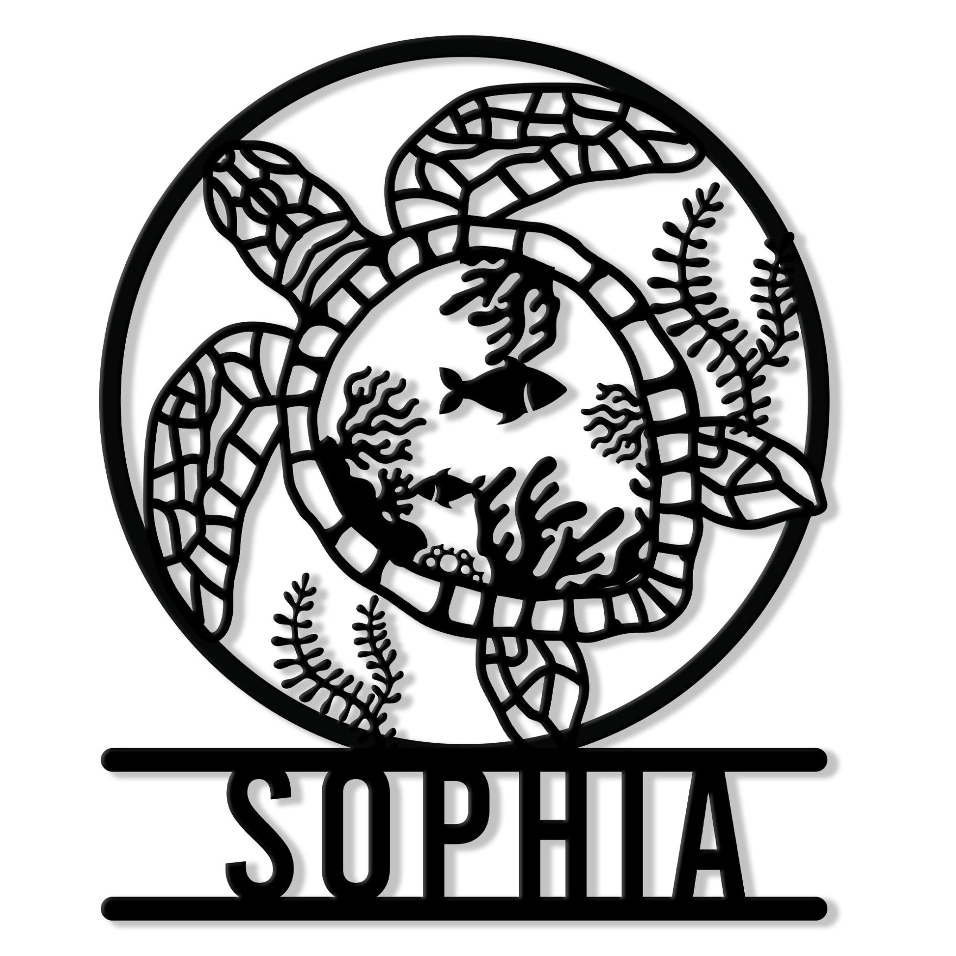 Sea turtle metal sign featuring an ocean reef scene with fish, coral, seaweed, and a circular frame