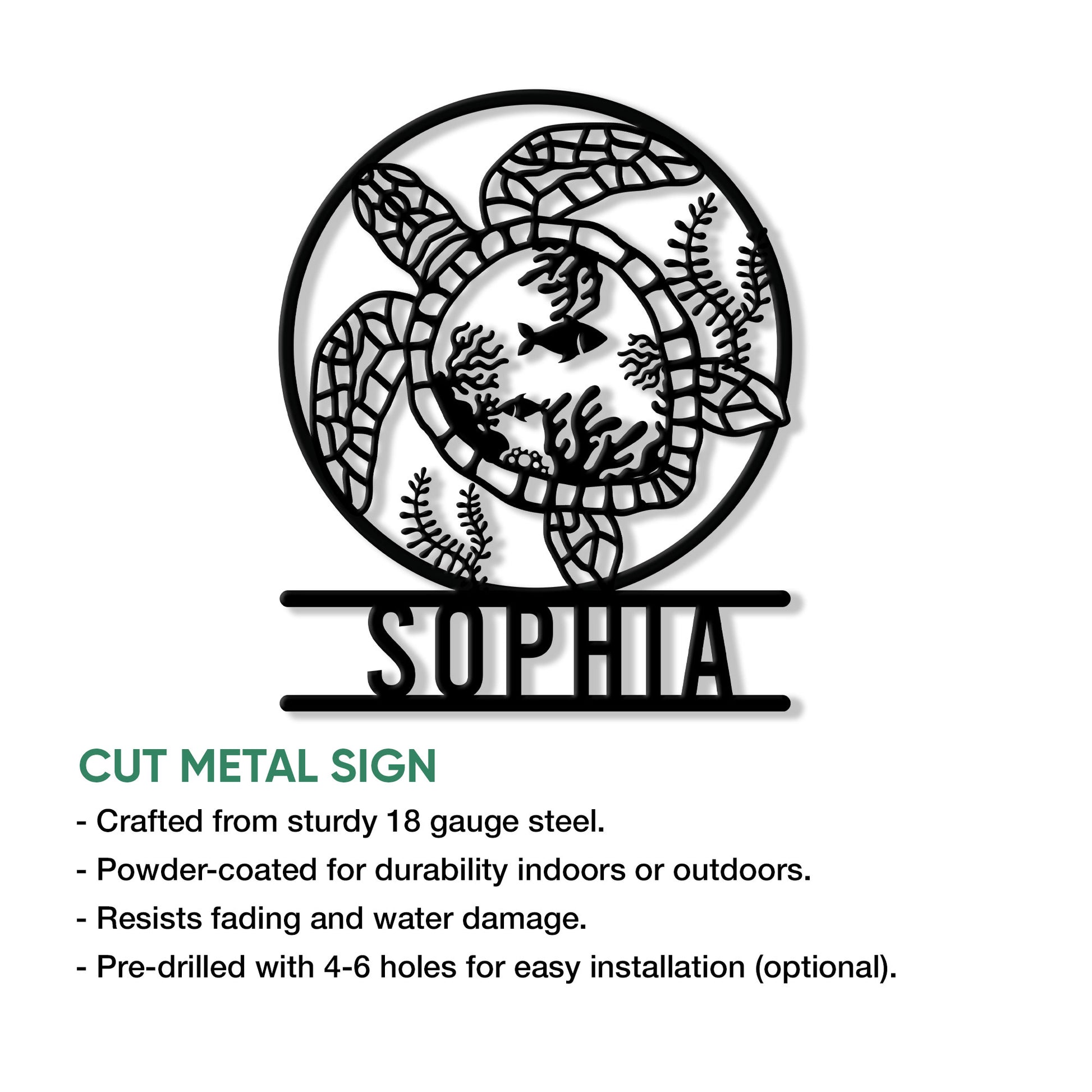 Sea turtle wall sign shown with a cut-metal design and ocean reef artwork featuring fish and coral