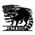 Custom raccoon metal sign featuring a bold black-and-white raccoon with a patriotic flag backdrop