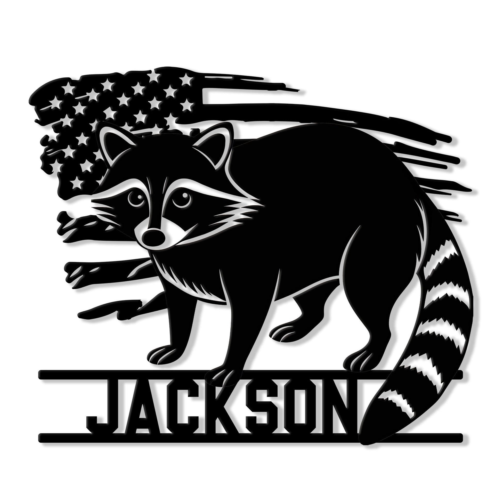 Custom raccoon metal sign featuring a bold black-and-white raccoon with a patriotic flag backdrop