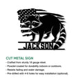 Raccoon metal sign artwork shown with a cut-metal sign feature and example custom lettering