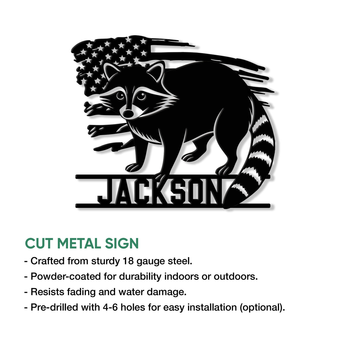 Raccoon metal sign artwork shown with a cut-metal sign feature and example custom lettering