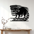 Custom raccoon wall sign displayed on a light wood-paneled wall above a console table