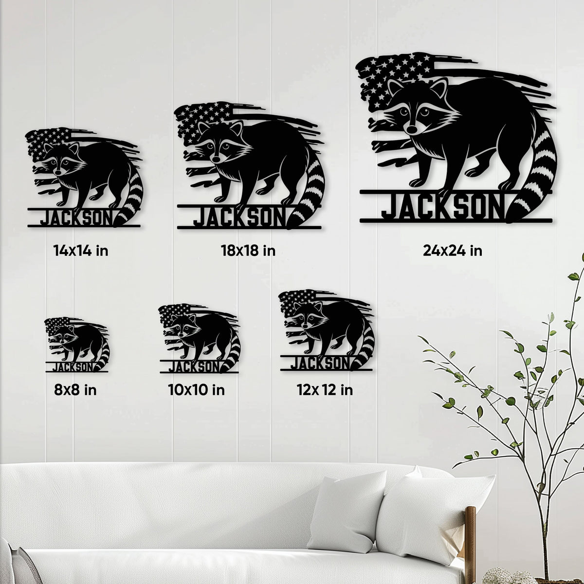 Raccoon metal sign size guide showing available 8x8, 10x10, 12x12, 14x14, 18x18, and 24x24 inch options