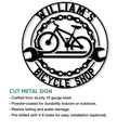 Bicycle shop metal sign feature graphic showing the circular bike design and product presentation details