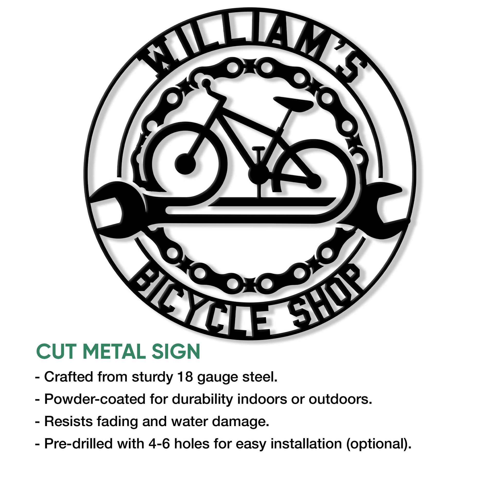Bicycle shop metal sign feature graphic showing the circular bike design and product presentation details