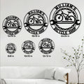 Bicycle shop metal sign size guide showing available round sizes from 8 by 8 to 24 by 24 inches