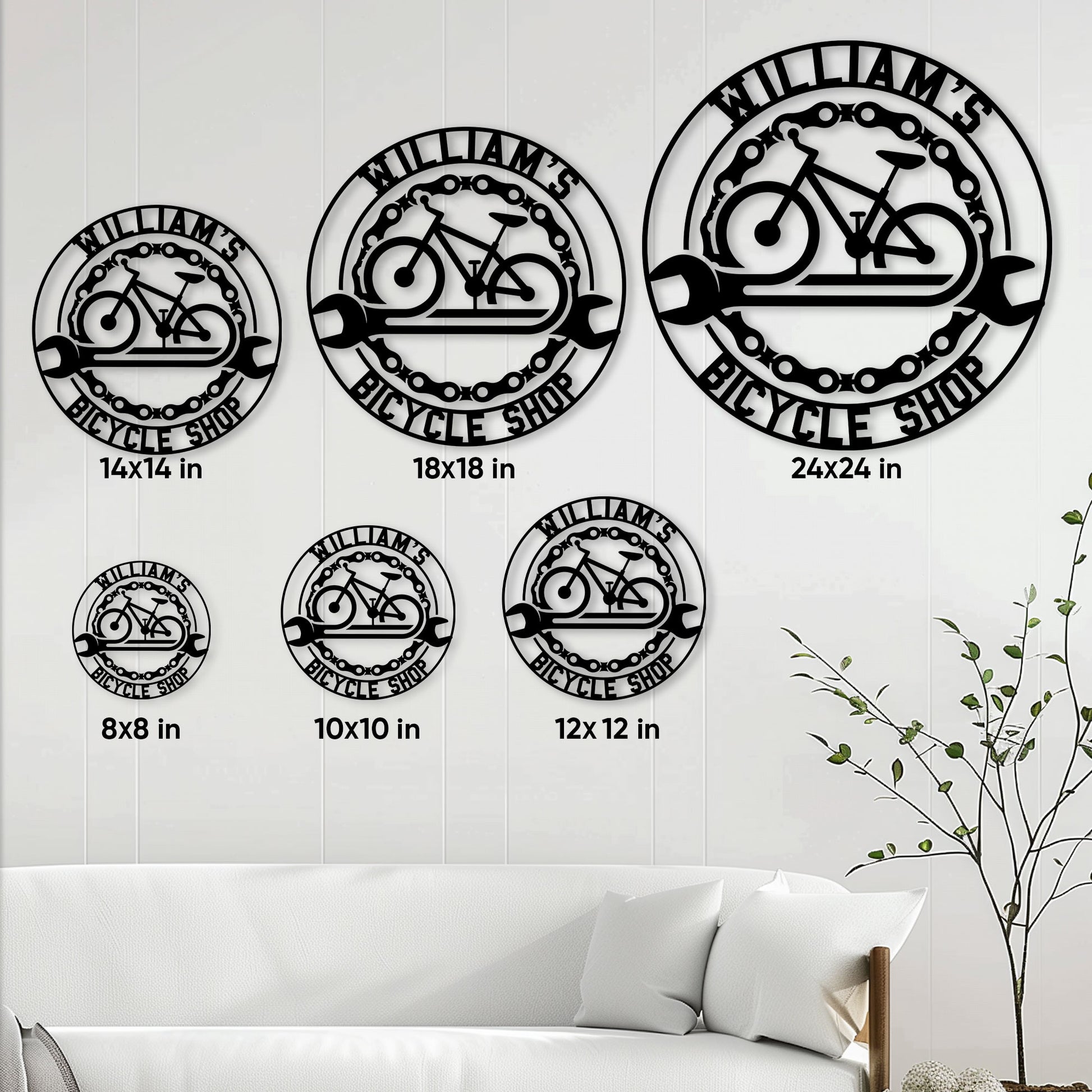 Bicycle shop metal sign size guide showing available round sizes from 8 by 8 to 24 by 24 inches