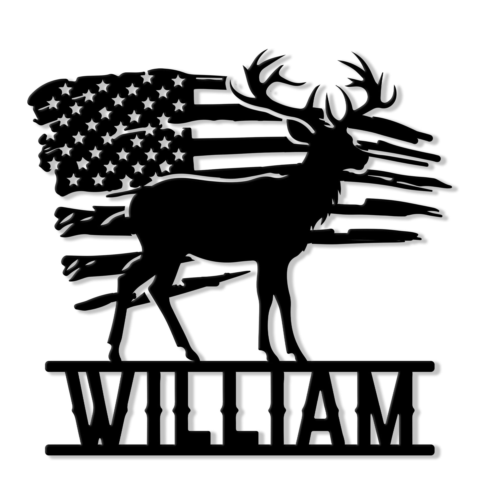 Black metal hunting sign featuring a buck silhouette over a distressed American flag design