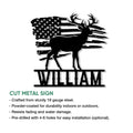 Buck hunting metal sign shown with a distressed flag backdrop and cut metal sign feature details