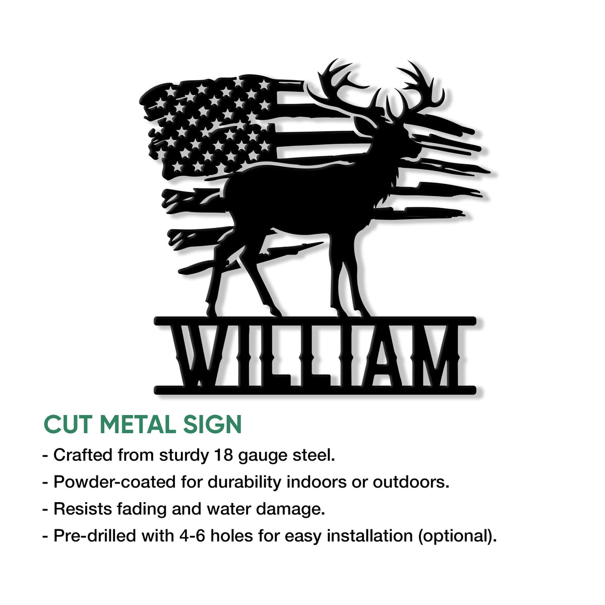 Buck hunting metal sign shown with a distressed flag backdrop and cut metal sign feature details