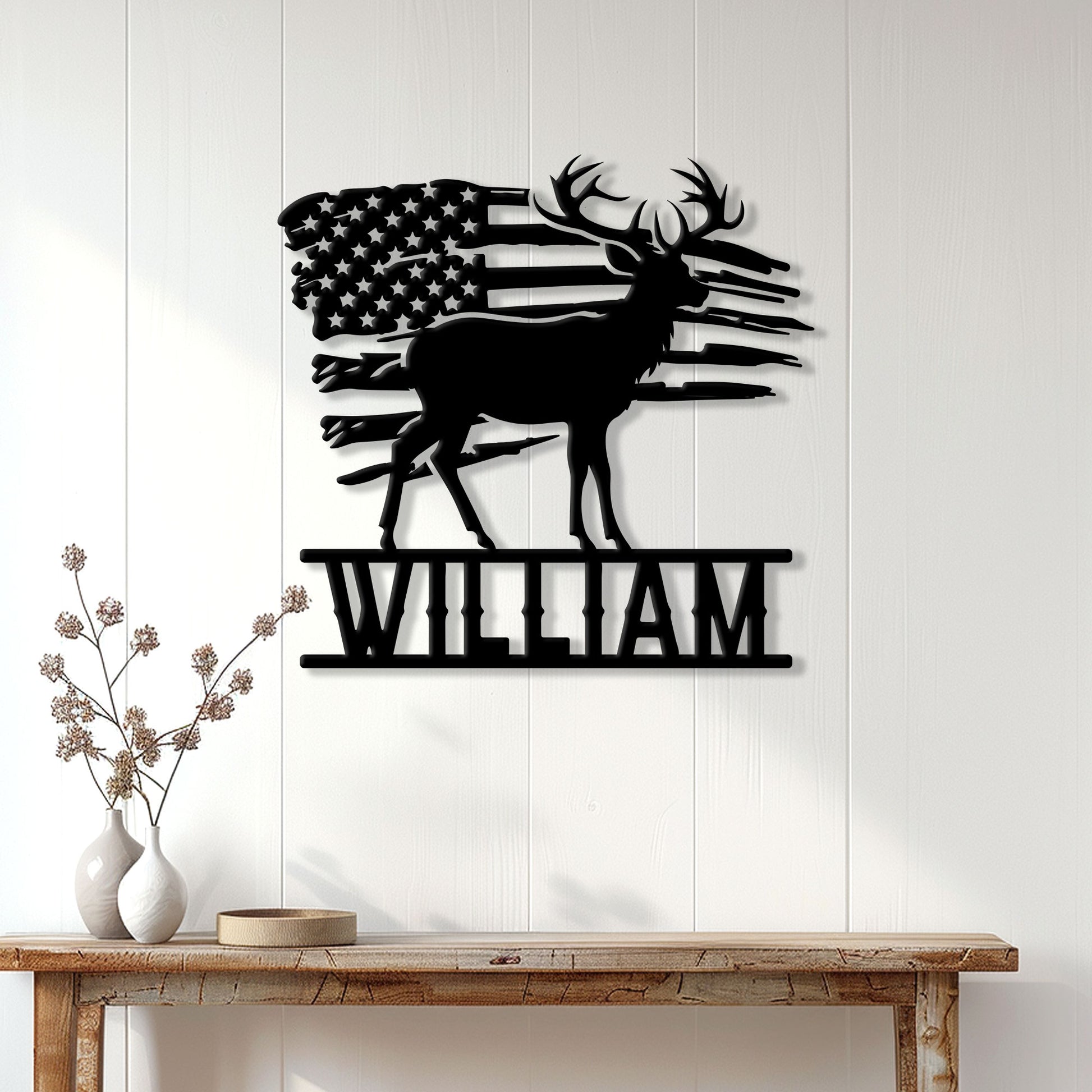 American flag buck metal sign displayed as hunting wall decor above a rustic entryway table