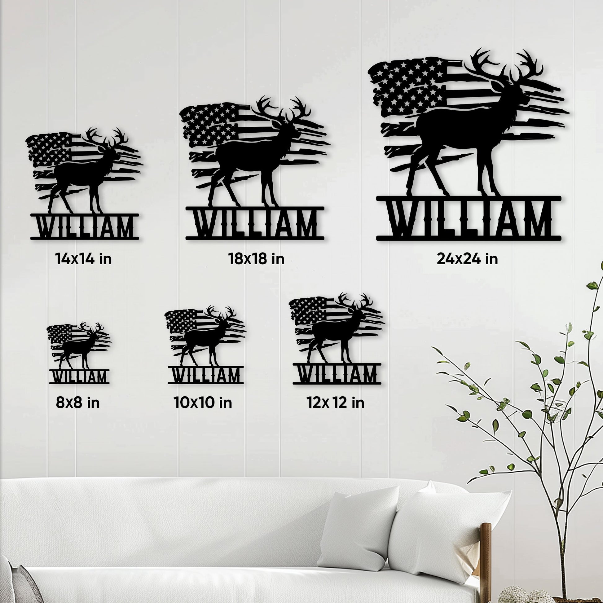 Hunting buck metal sign size guide showing available square sizes from 8 by 8 to 24 by 24 inches