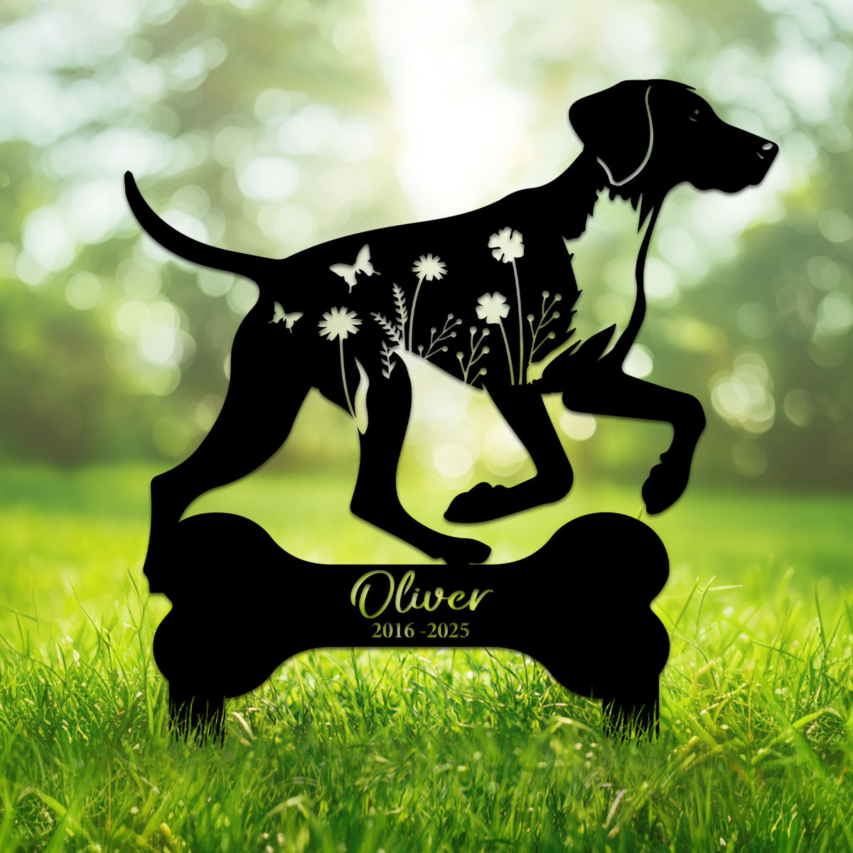 German Shorthaired Pointer memorial metal sign with floral silhouette and bone-shaped tribute