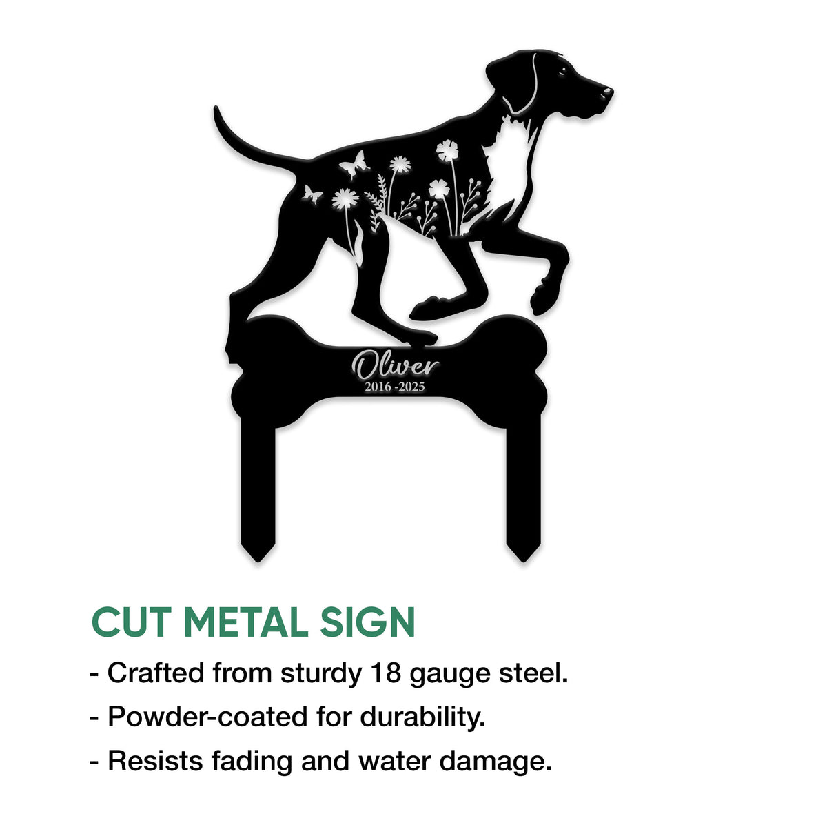Cut metal German Shorthaired Pointer sign featuring a floral dog silhouette and memorial bone