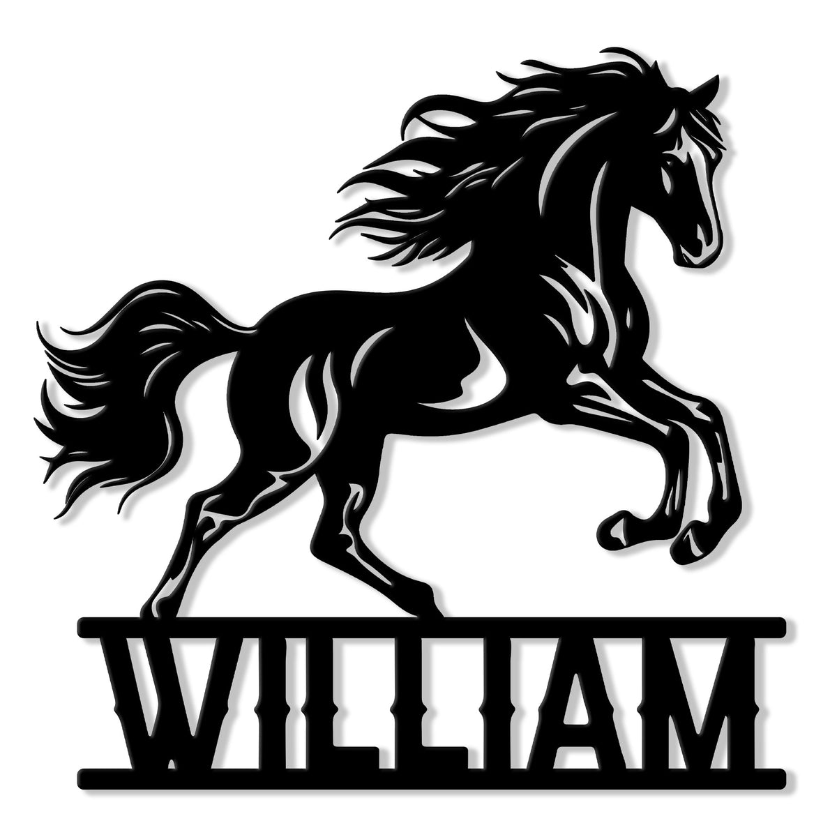 Black metal horse sign featuring a powerful rearing horse silhouette and bold lower nameplate design