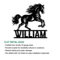 Horse-shaped cut metal sign showing a flowing-maned horse in motion with a bold personalized design style