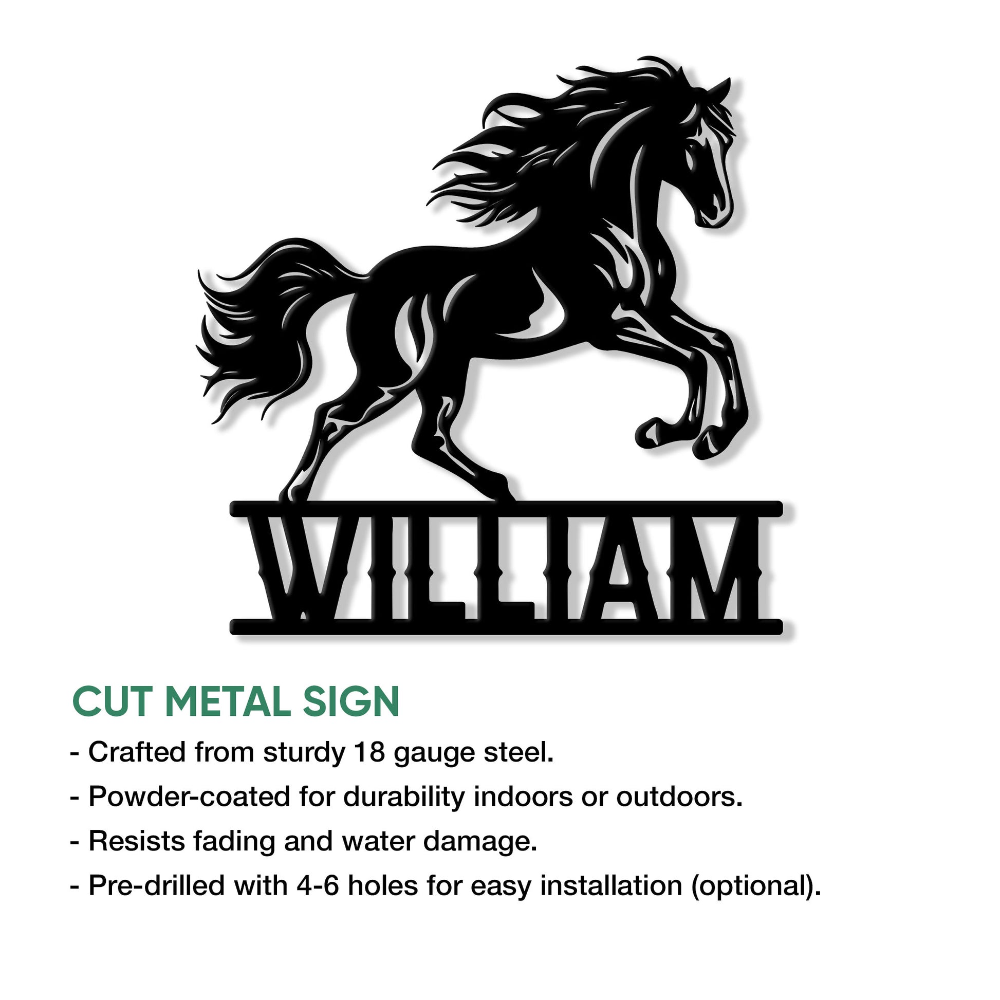Horse-shaped cut metal sign showing a flowing-maned horse in motion with a bold personalized design style
