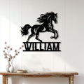 Custom horse metal wall sign displayed on white wood paneling above a rustic console table