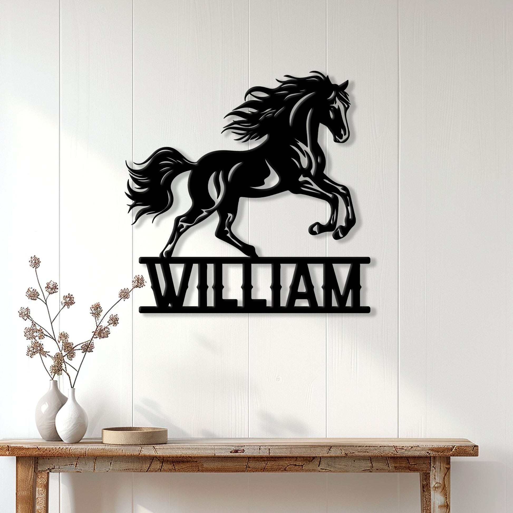 Custom horse metal wall sign displayed on white wood paneling above a rustic console table