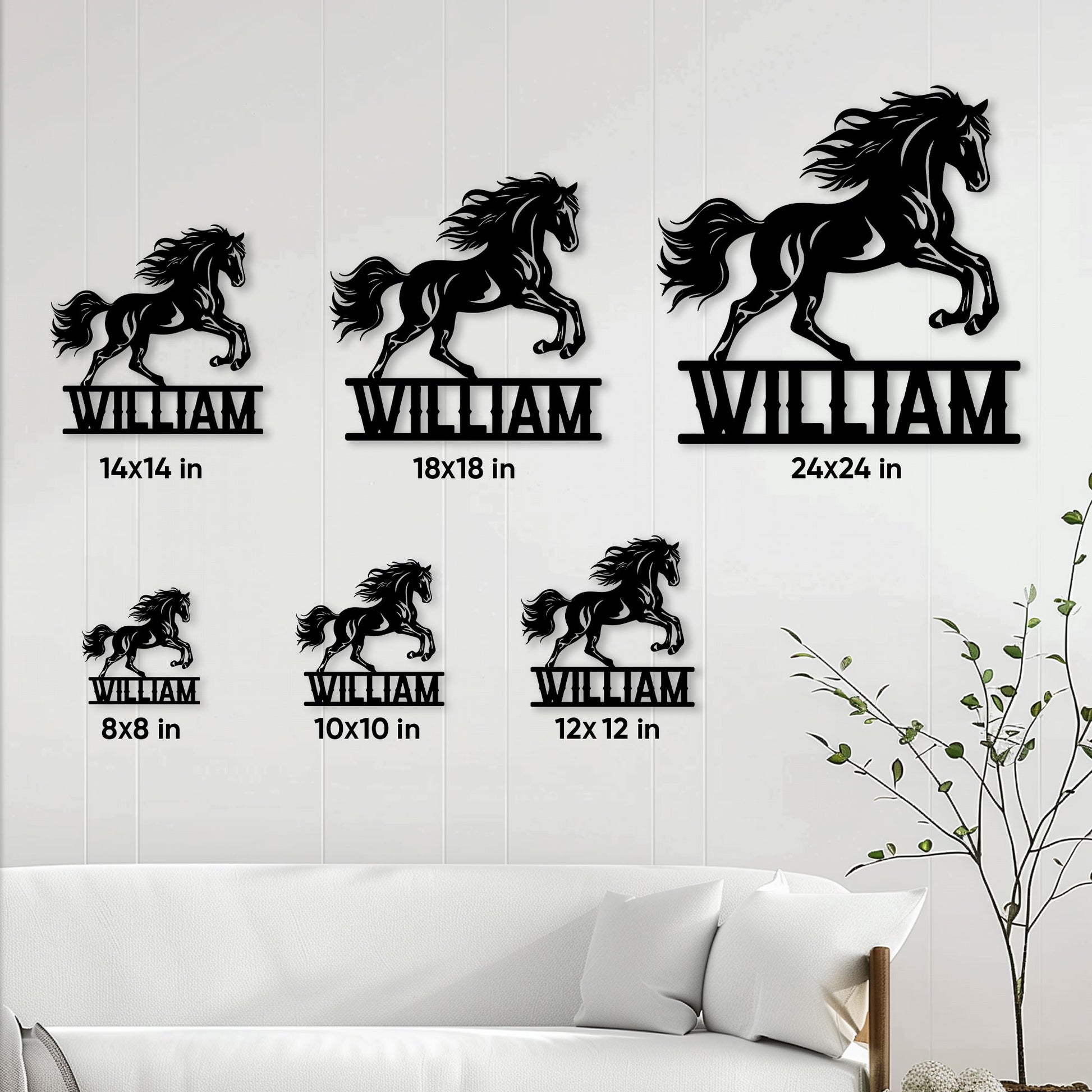 Horse metal sign size guide showing multiple square size options displayed in a bright living room