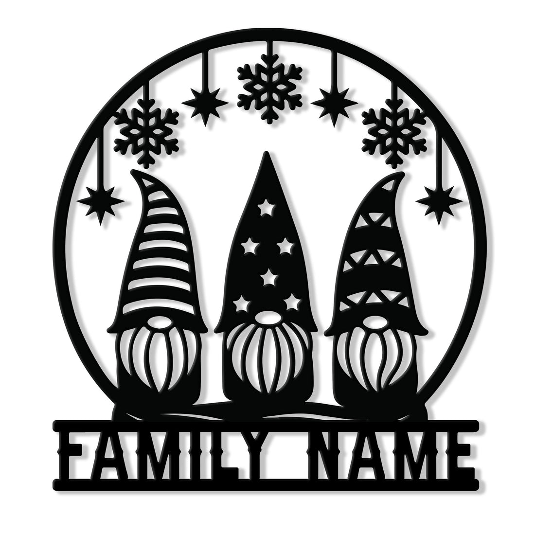 Christmas gnome metal sign featuring three festive gnomes, snowflakes, hanging stars, and a round frame