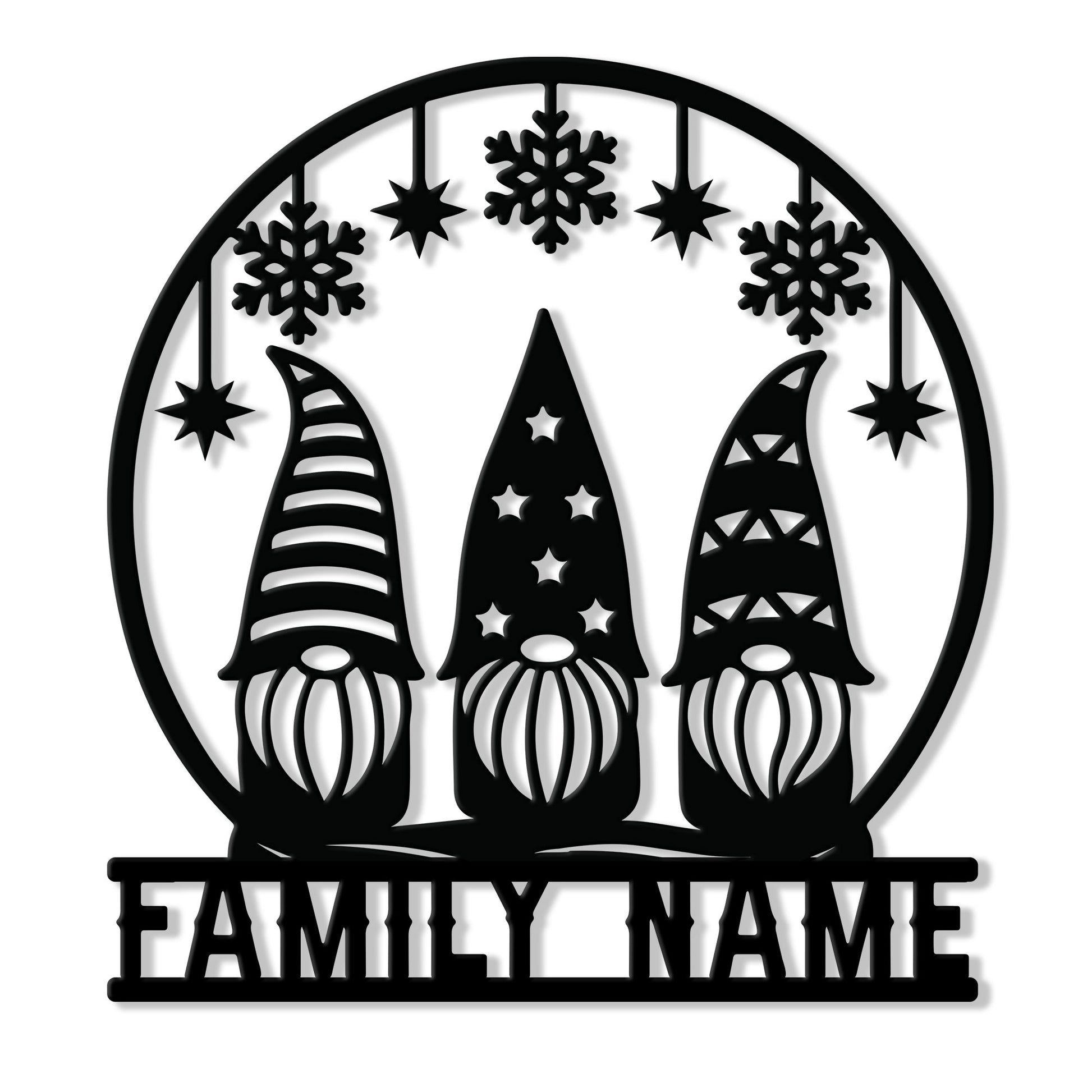 Christmas gnome metal sign featuring three festive gnomes, snowflakes, hanging stars, and a round frame