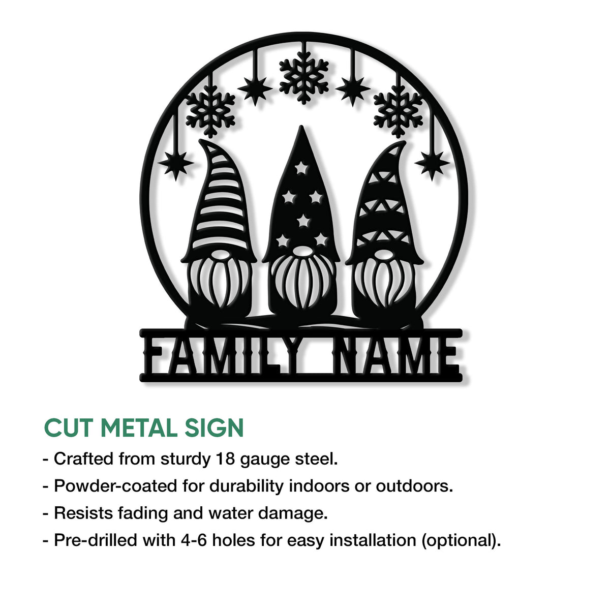 Christmas gnome metal sign feature graphic showing the cut metal design and product presentation