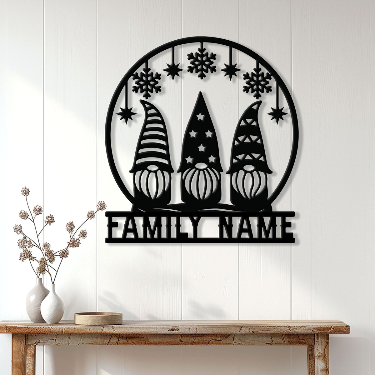 Christmas gnome wall sign displayed on a bright paneled wall above a console table