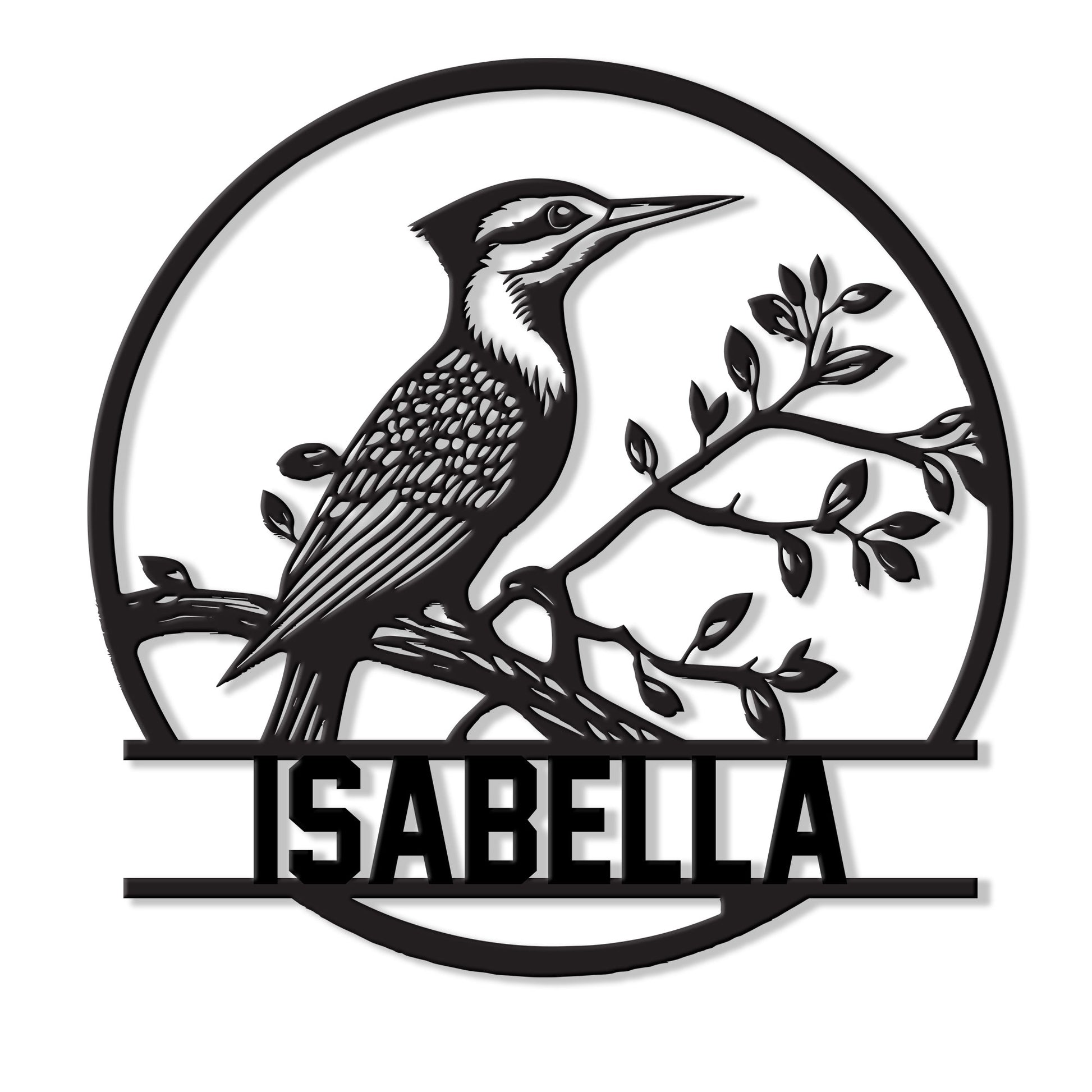 Detailed woodpecker metal sign featuring a bird perched on a leafy branch within a circular frame