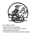 Woodpecker cut metal sign shown with a circular bird silhouette and branching foliage design