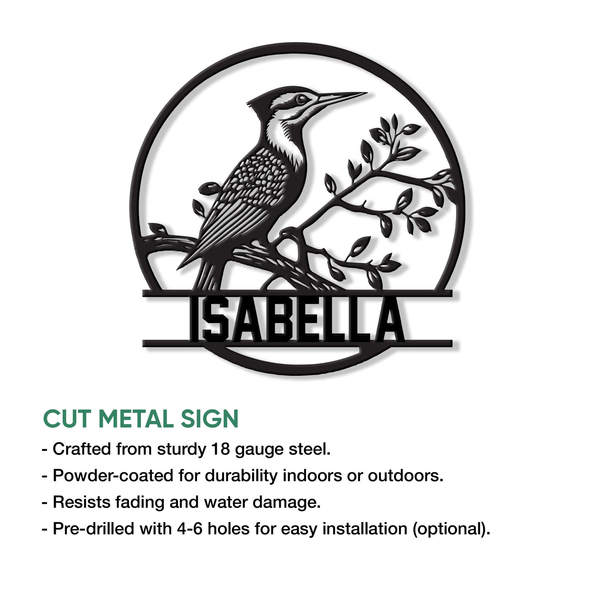 Woodpecker cut metal sign shown with a circular bird silhouette and branching foliage design