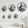 Woodpecker metal sign size guide showing circular designs in sizes from 8x8 to 24x24 inches