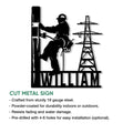 Lineman metal sign feature graphic highlighting the climbing utility worker and electrical tower silhouette