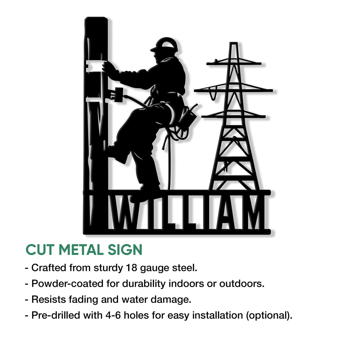Lineman metal sign feature graphic highlighting the climbing utility worker and electrical tower silhouette