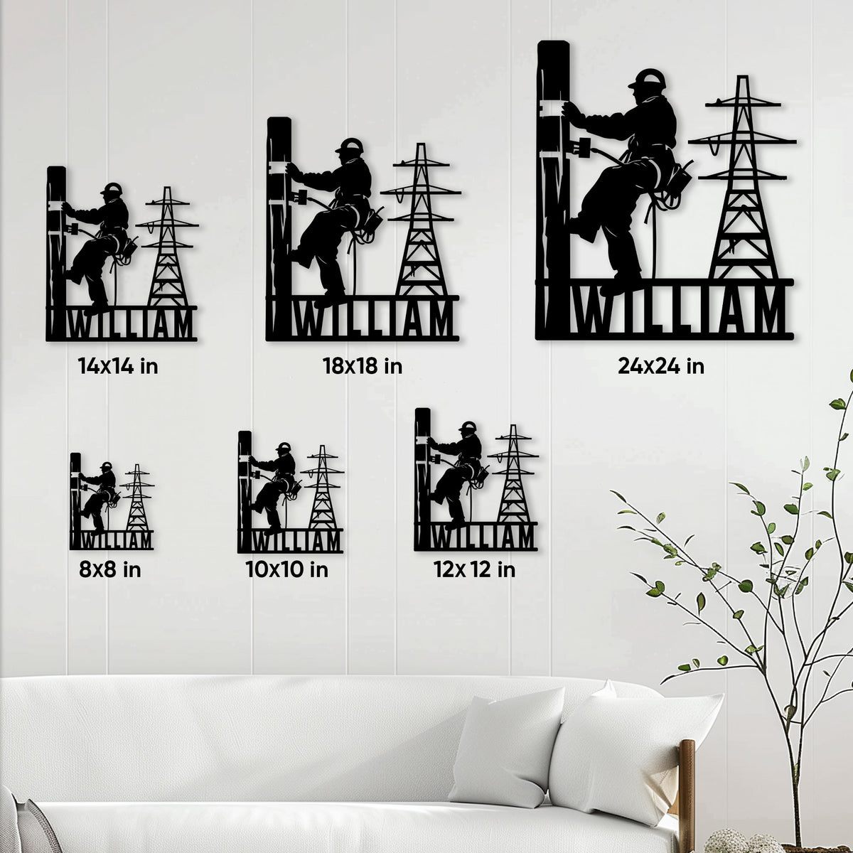 Lineman metal sign size guide showing available square sizes from 8 by 8 to 24 by 24 inches