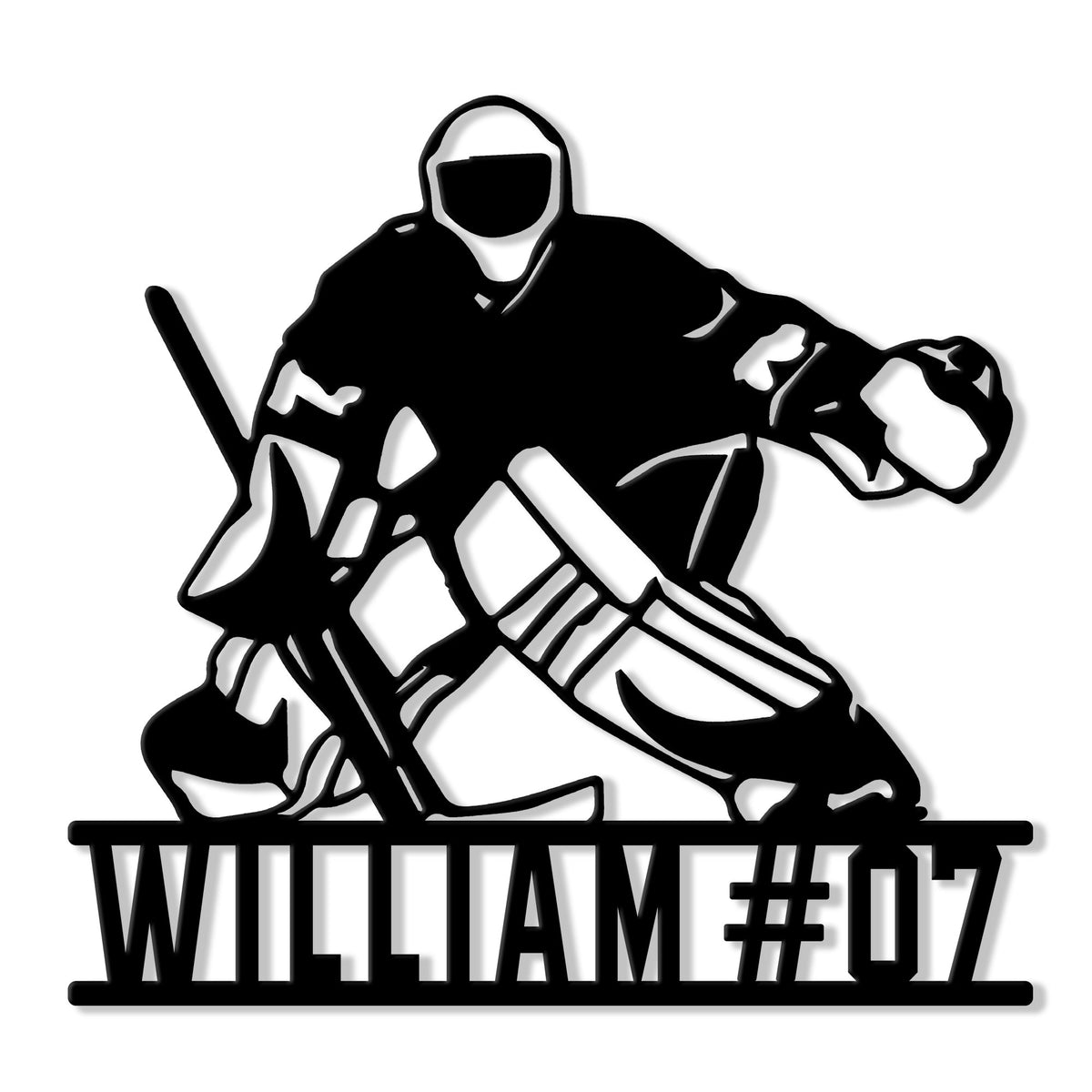 Custom hockey goalie metal sign featuring a crouched goalie with stick, pads, gloves, and bold silhouette design