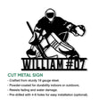 Hockey goalie cut metal sign shown with product feature and installation information