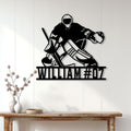 Hockey goalie metal wall sign displayed above a console table in a bright home interior