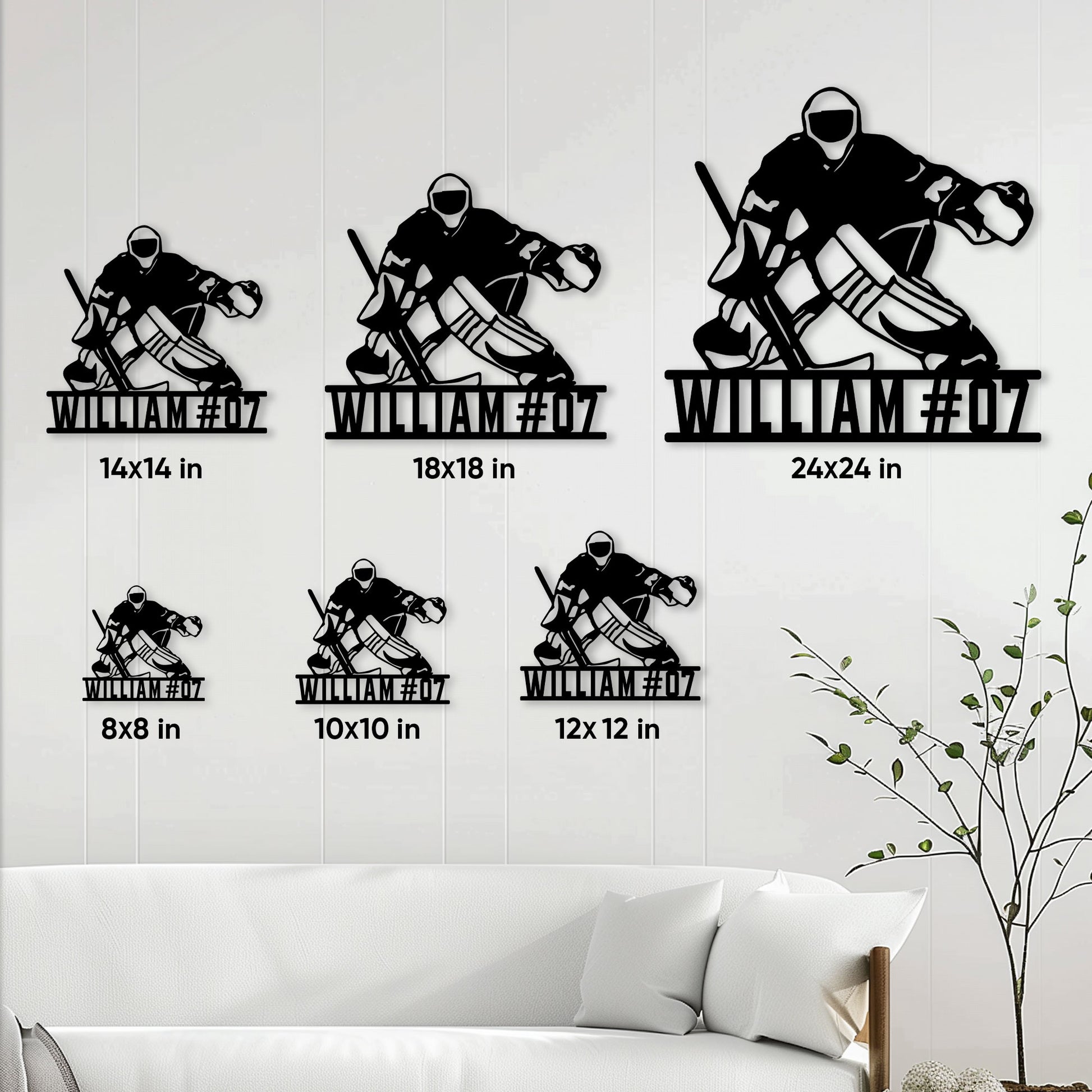 Hockey goalie metal sign size guide showing six available square size options