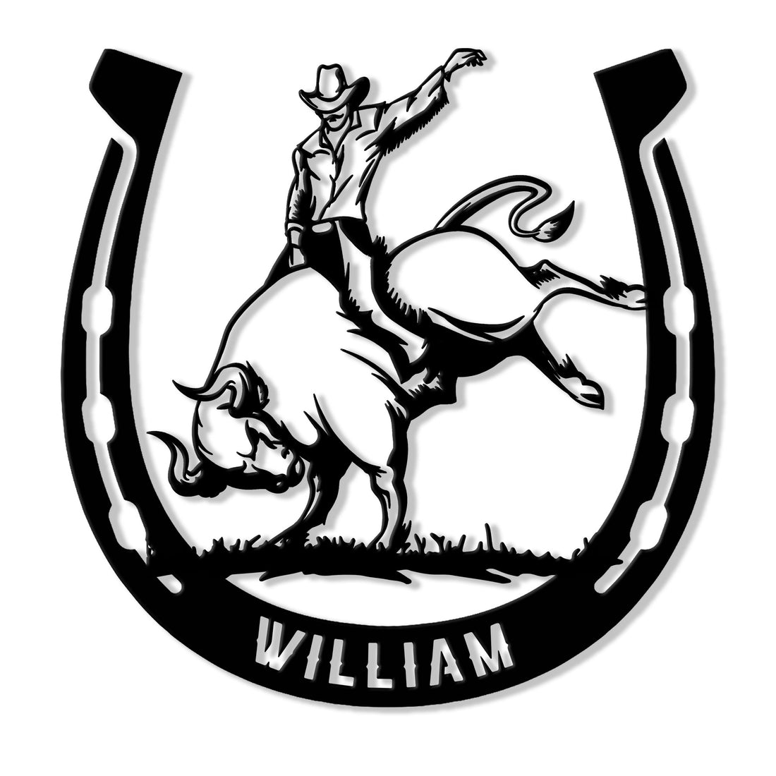 Custom rodeo metal sign featuring a bull rider inside a horseshoe silhouette