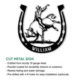 Rodeo bull rider horseshoe metal sign shown with a cut metal sign feature guide