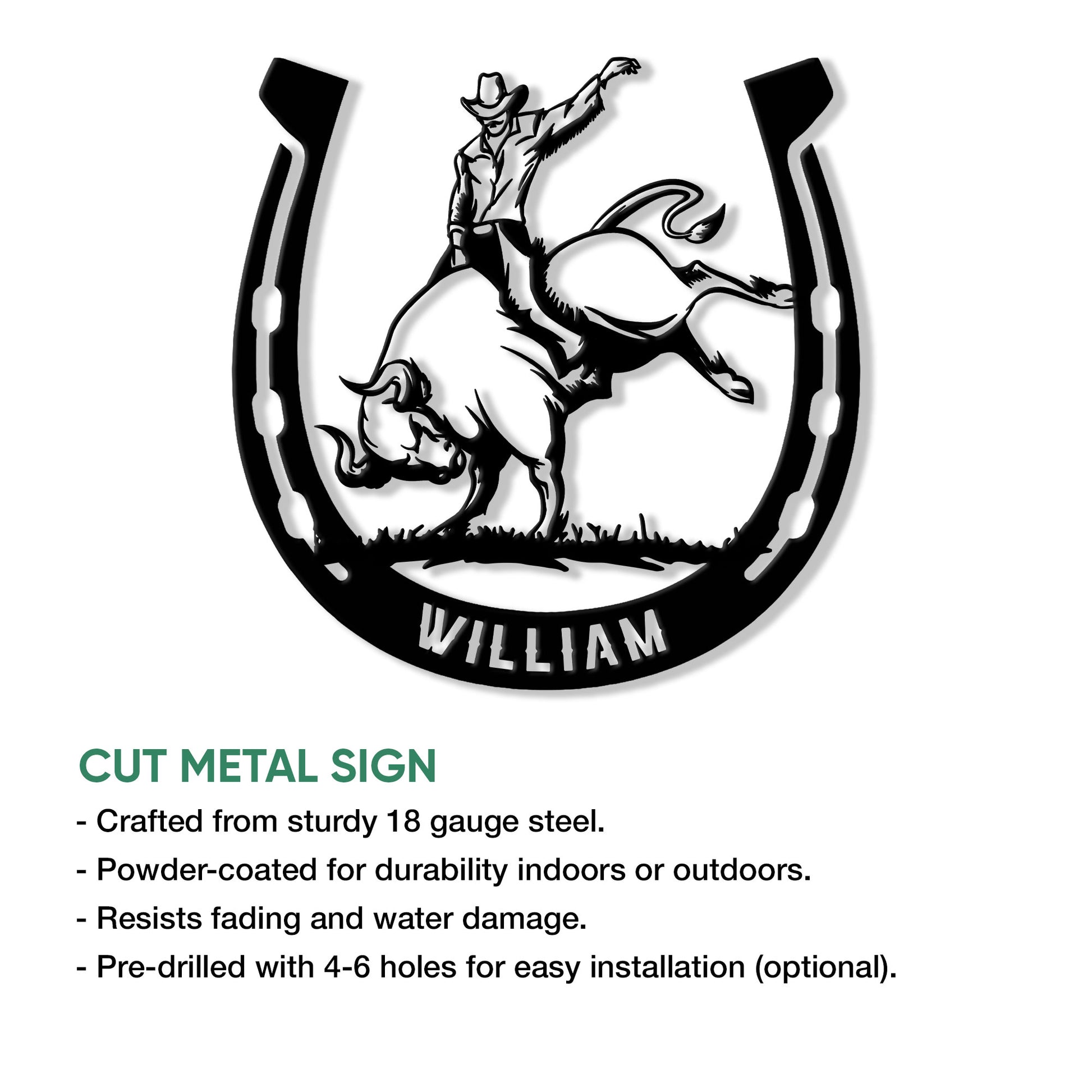Rodeo bull rider horseshoe metal sign shown with a cut metal sign feature guide