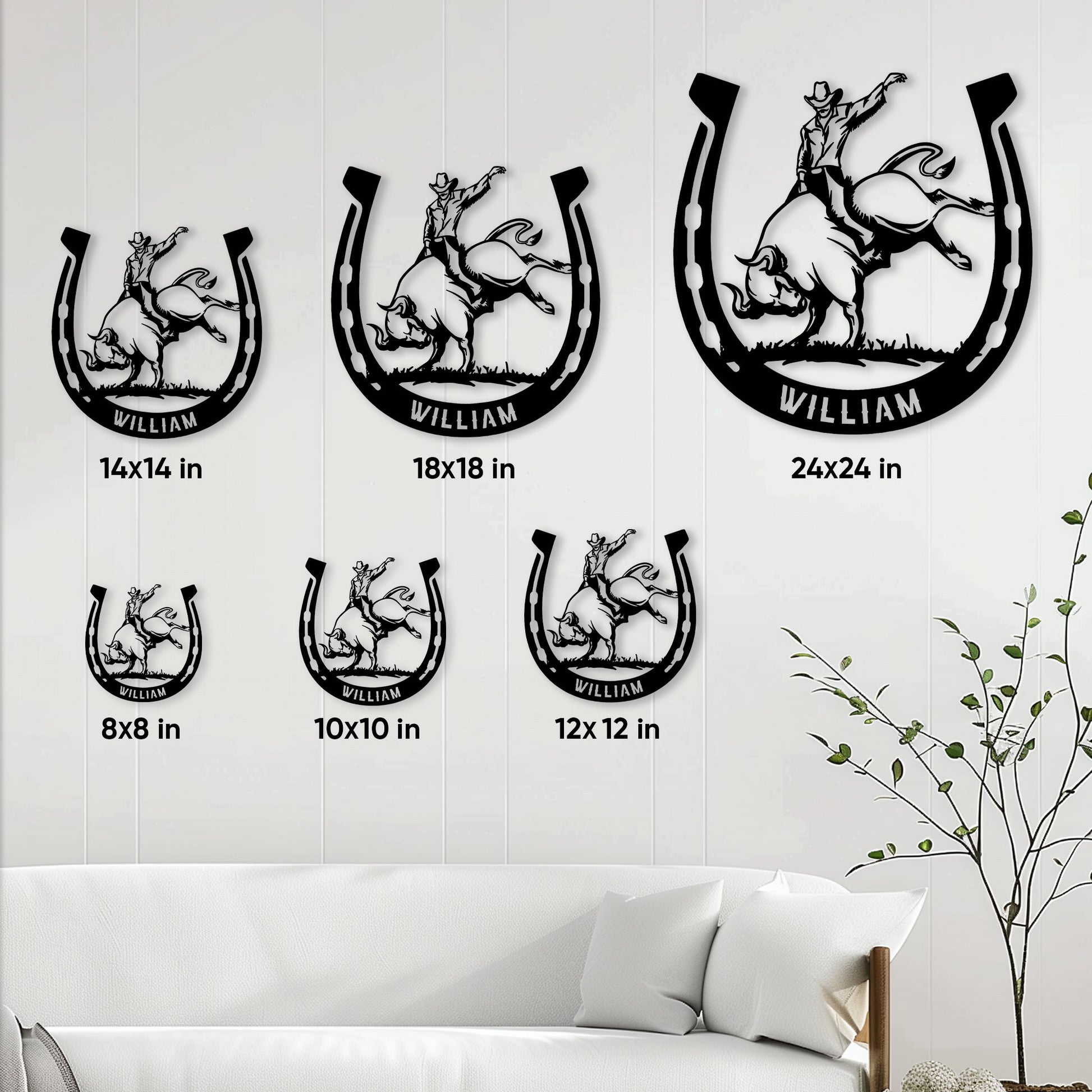 Rodeo bull rider metal sign displayed in multiple size options on a living room wall