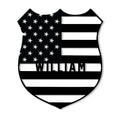 Custom police badge metal sign featuring stars and bold American flag-inspired stripes