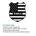 Police badge metal sign feature graphic highlighting its cut-metal design and display options