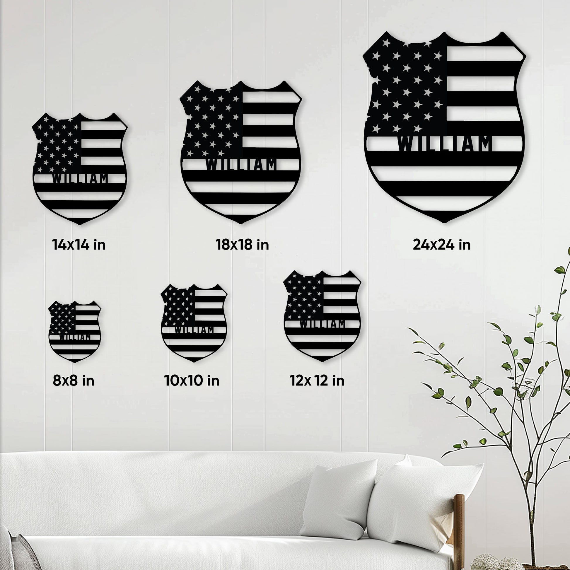 Police badge metal sign size guide showing several options from 8 by 8 to 24 by 24 inches