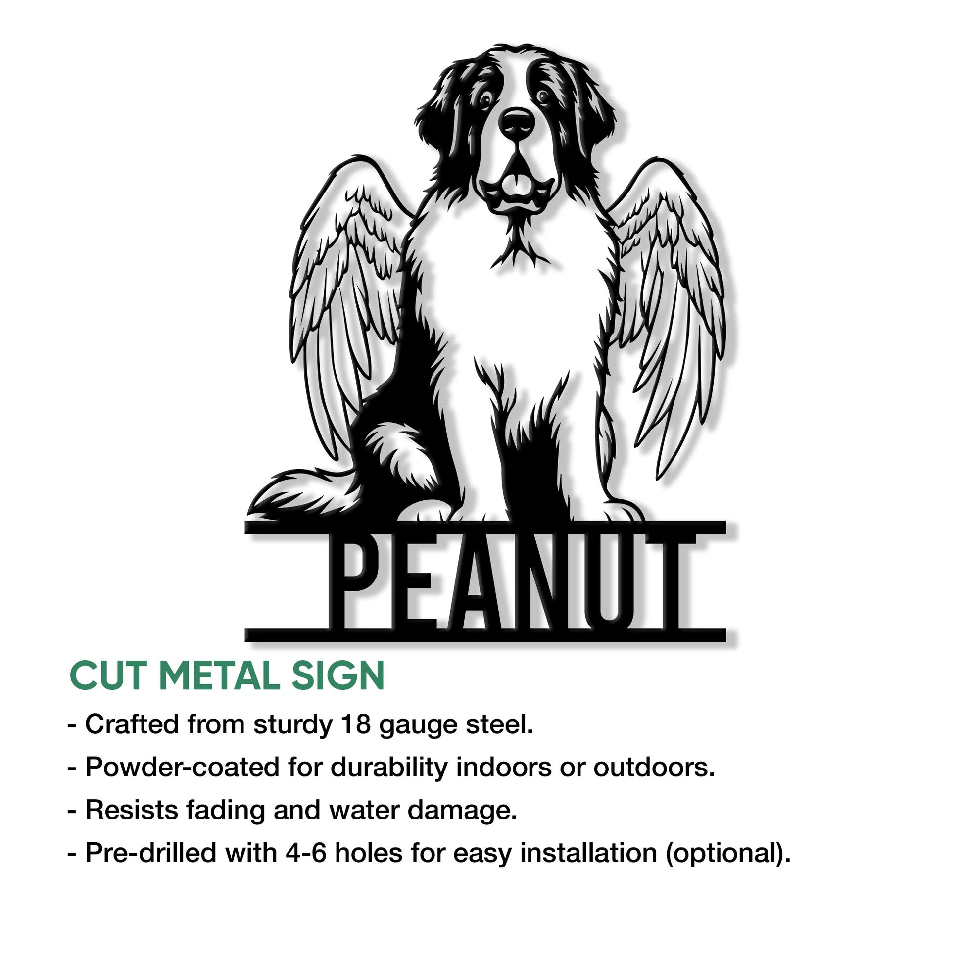 Cut metal Saint Bernard sign showcasing an angelic dog silhouette and bold decorative design