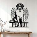 Saint Bernard angel dog metal wall decor displayed on a light wood-paneled entryway wall